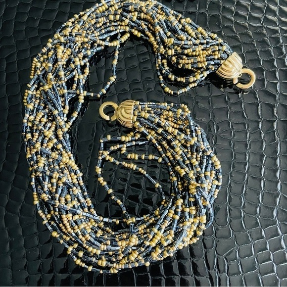 Vintage Art Deco Multi-Strand Gold & Black Seed Bead Torsade Statement N… - Picture 5 of 7